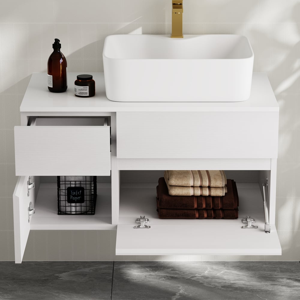 Questions et Réponses pour Vanité de salle de bain flottante blanche de 800 mm, vasque décalée à droite