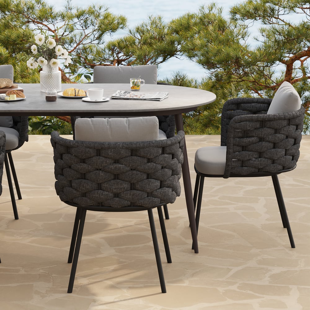 Avaliações de clientes sobre Cadeira de jantar moderna de alumínio e cordas de 2 peças, de meados do século, para pátio externo, cinza escuro