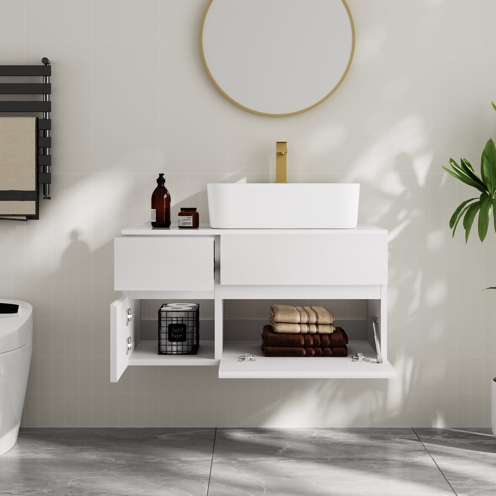 Avis Clients sur Meuble-lavabo simple de salle de bain flottant moderne de 80 cm avec plateau en résine de pierre, vasque en céramique