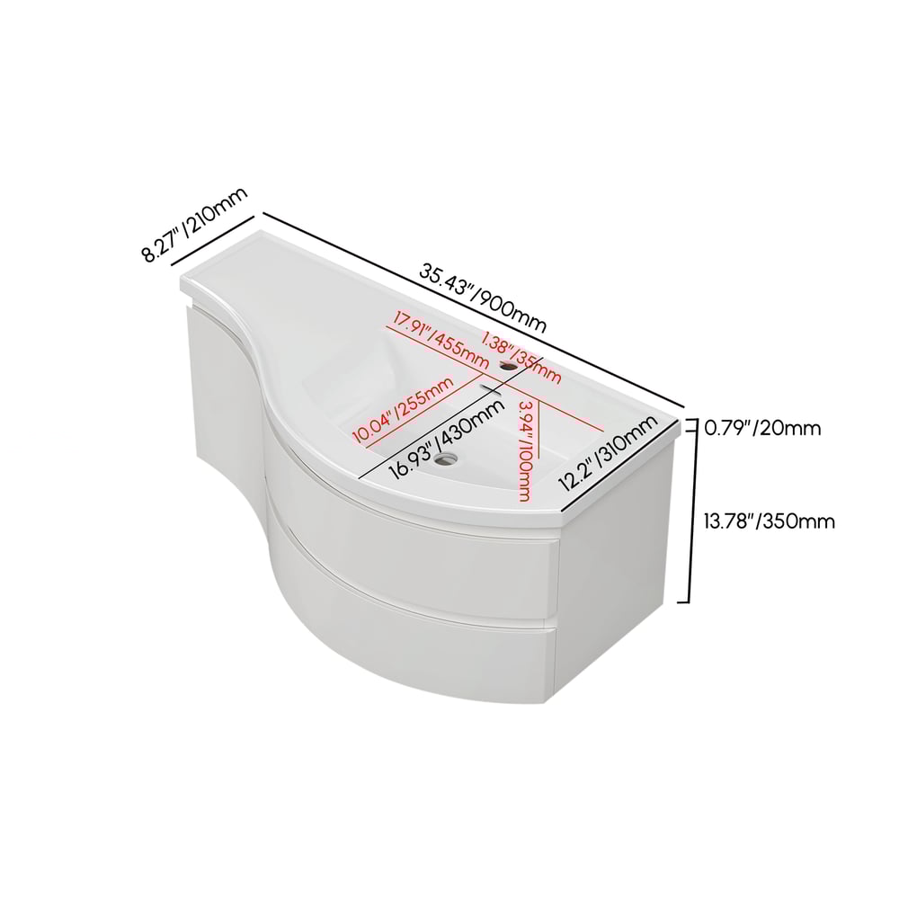 Floating Curved Bathroom Vanity in White & Round LED Medicine Cabinet Set Right Offset weights dimensions image
