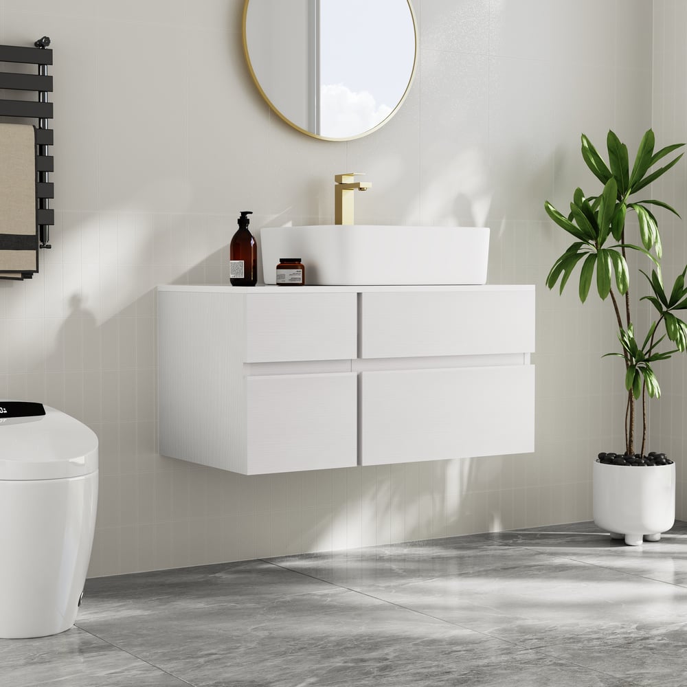 Avis Clients sur Meuble-lavabo simple de salle de bain flottant moderne de 80 cm avec plateau en résine de pierre, vasque en céramique