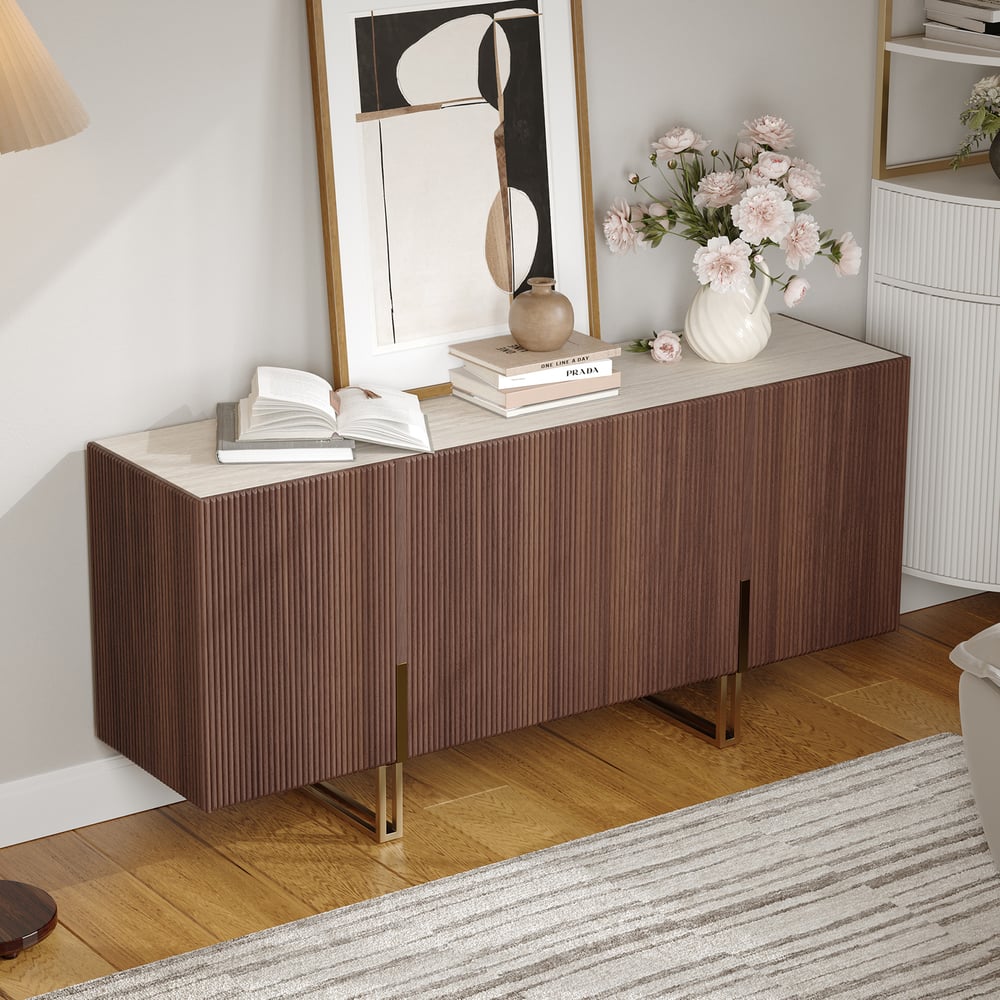 Questions and Answers for Grovyn 1600mm Buffet Sideboard Sintered Stone Top Walnut Fluted with Adjustable Shelves