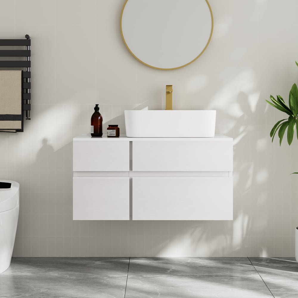 Avis Clients sur Meuble-lavabo simple de salle de bain flottant moderne de 80 cm avec plateau en résine de pierre, vasque en céramique