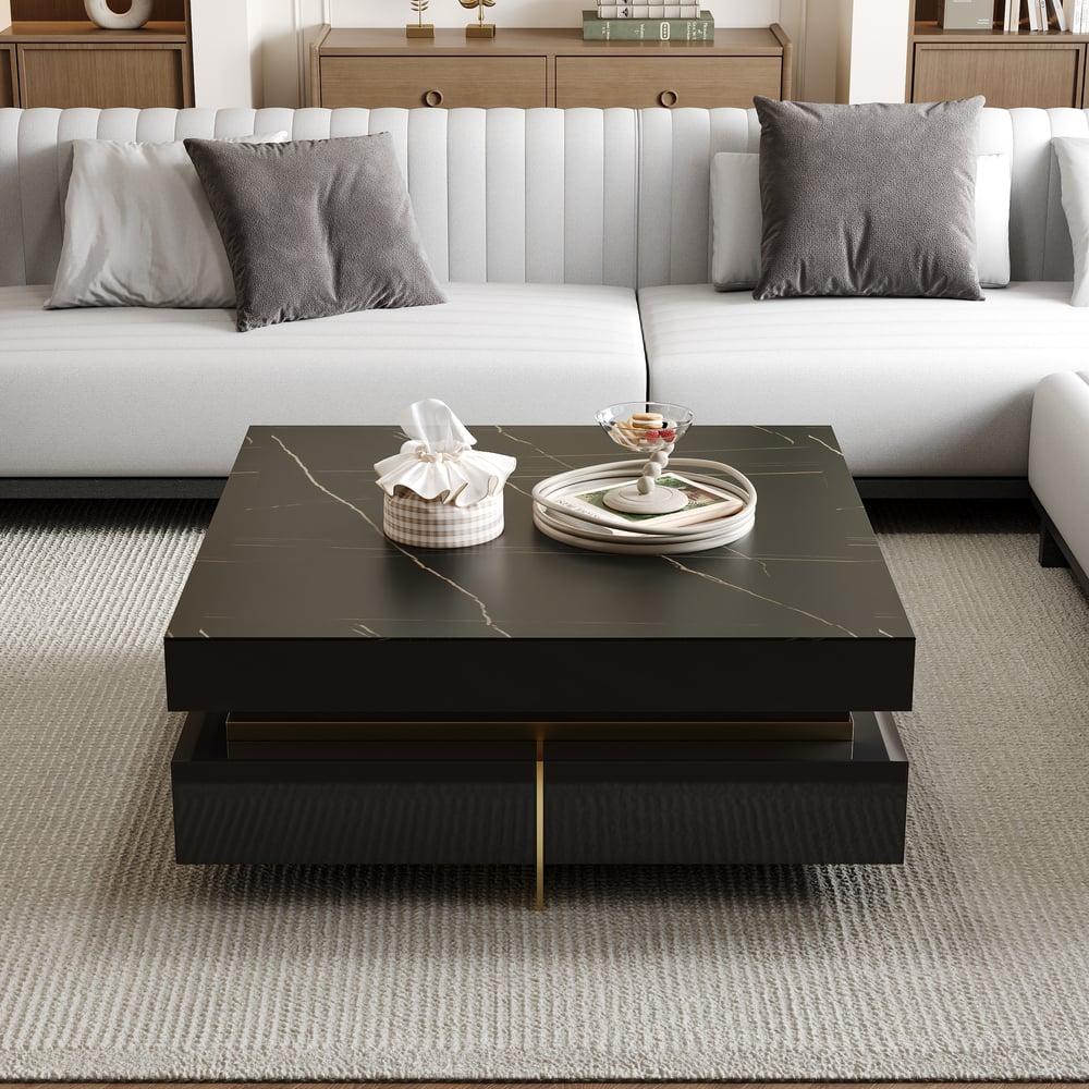 Questions and Answers for Black Modern Square Coffee Table with Drawers Sintered Stone Top & Metal Legs