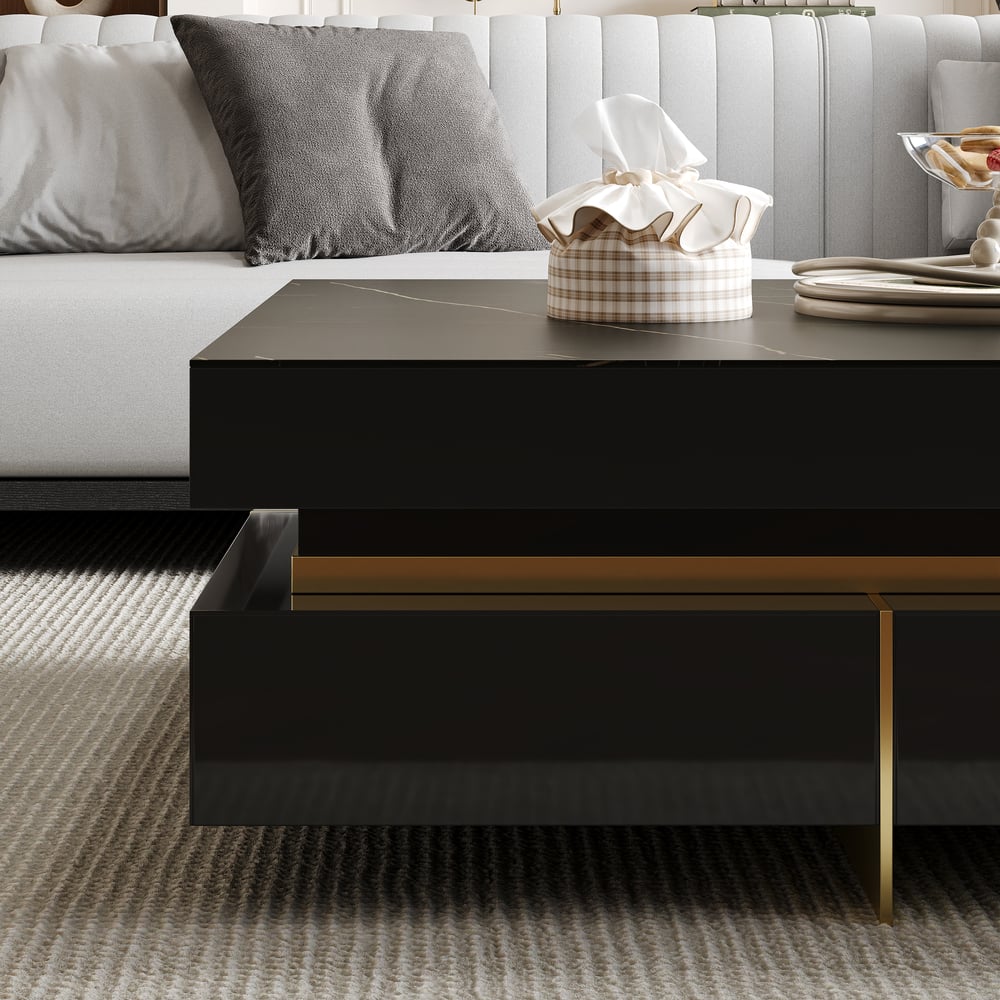 Questions and Answers for Black Modern Square Coffee Table with Drawers Sintered Stone Top & Metal Legs
