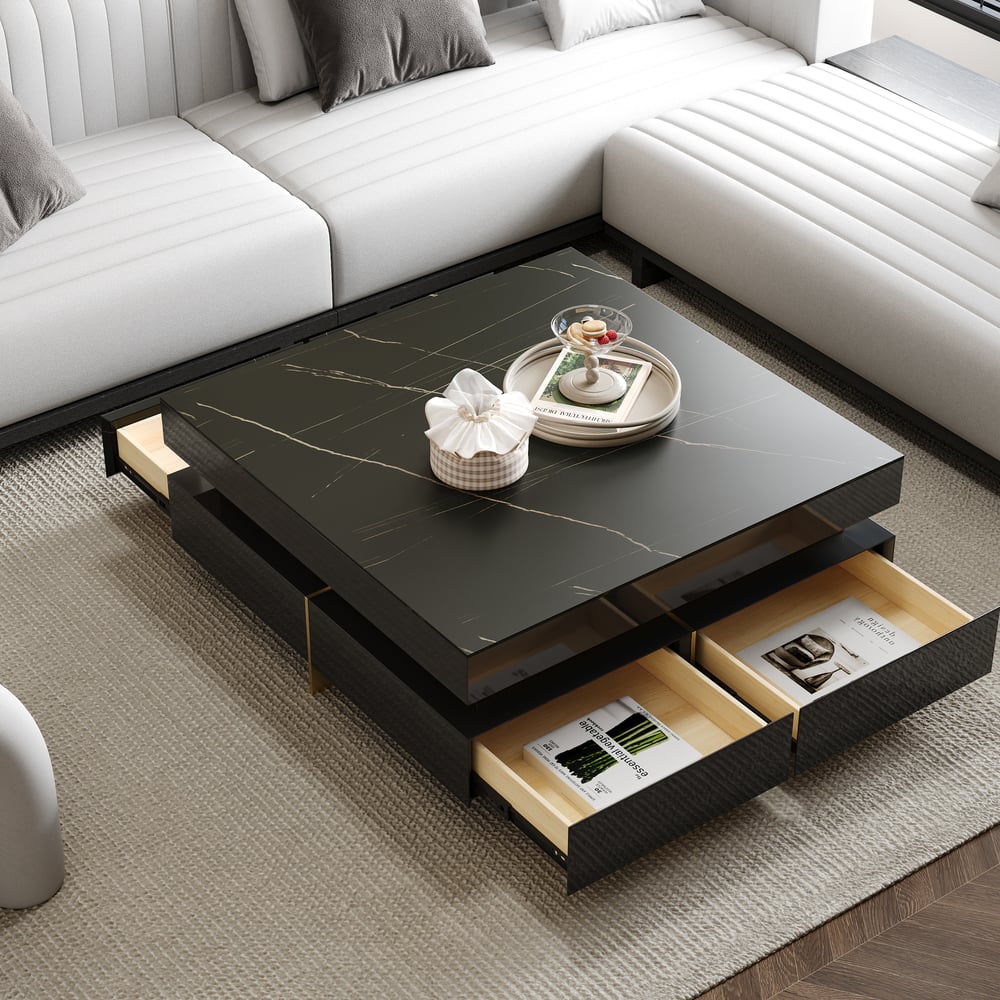Questions and Answers for Black Modern Square Coffee Table with Drawers Sintered Stone Top & Metal Legs