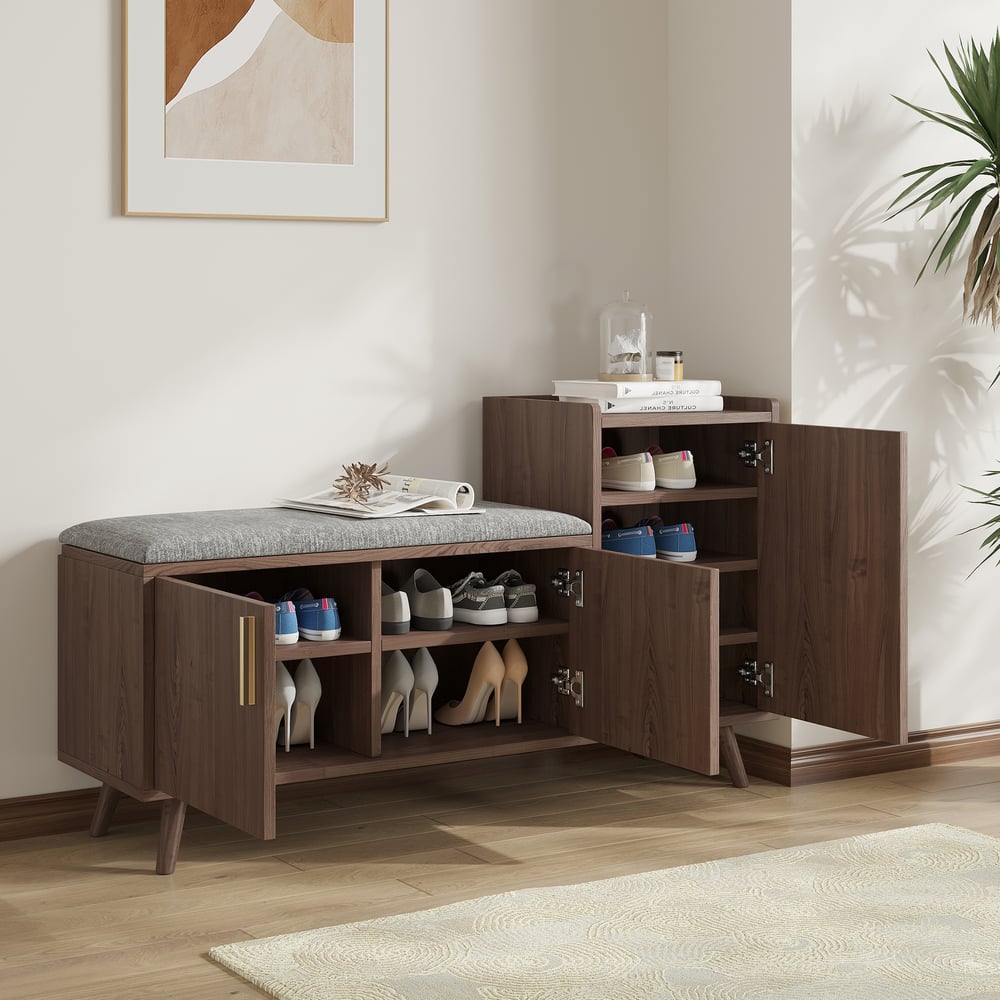 Questions and Answers for Black Walnut Wooden Shoe Storage Bench with Right-Side Cabinet for Entryway (47")