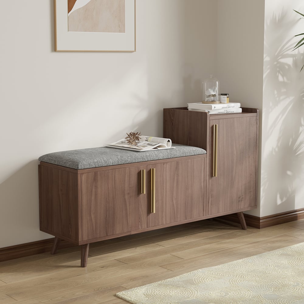 Questions and Answers for Black Walnut Wooden Shoe Storage Bench with Right-Side Cabinet for Entryway (47")