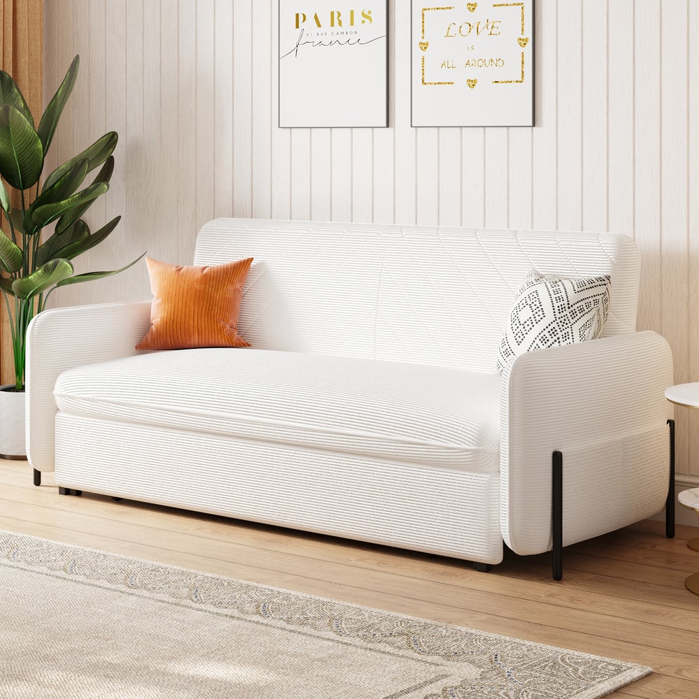 Customer Reviews for 79" Queenl 3-Seater White Corduroy Convertible Sleeper Sofa with Storage & Pillows