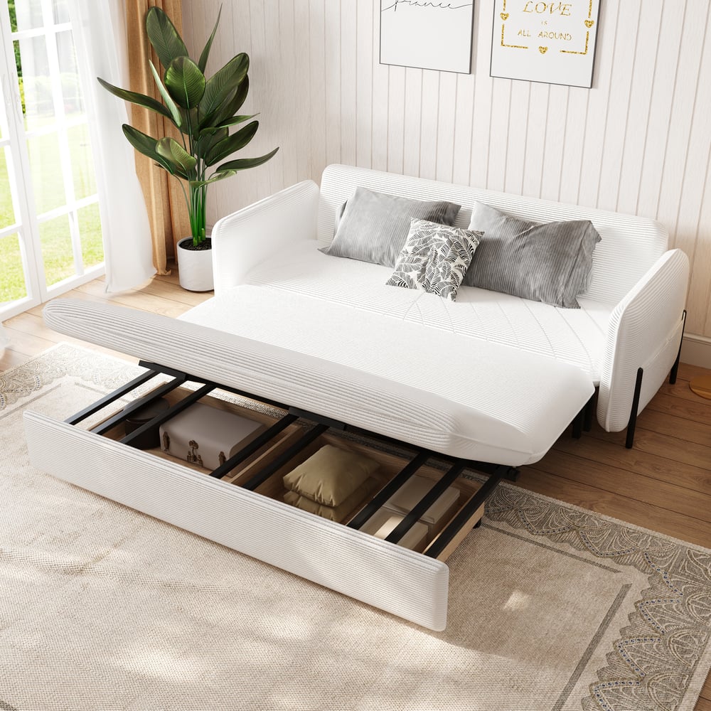Customer Reviews for 79" Queenl 3-Seater White Corduroy Convertible Sleeper Sofa with Storage & Pillows