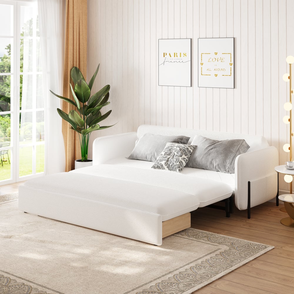 Customer Reviews for 79" Queenl 3-Seater White Corduroy Convertible Sleeper Sofa with Storage & Pillows