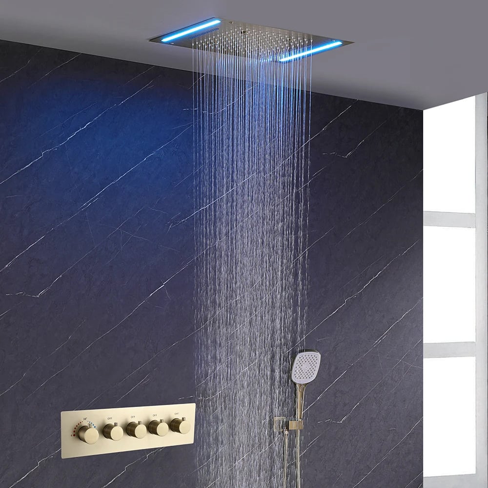 Questions and Answers for Wall-Mounted 500mm Shower Set Rainfall 4 Functions Thermostatic in Gold