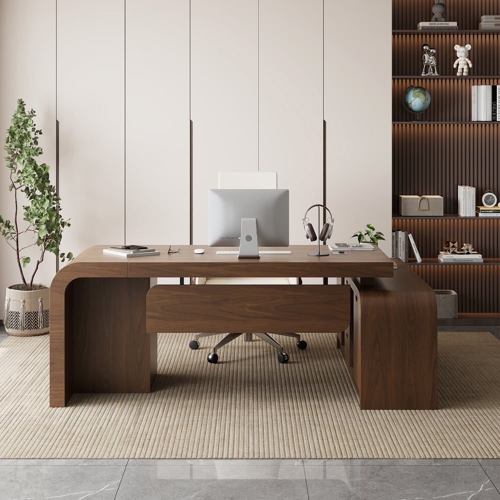 Avis Clients sur Bureau d'ordinateur moderne en forme de L en noyer Chicent avec armoire gauche (1800 mm)