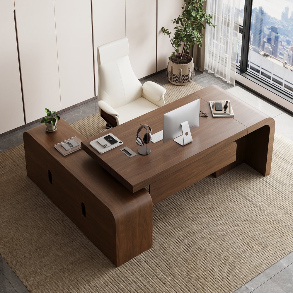 Perguntas e respostas para Mesa executiva moderna Chicent Walnut em forma de L com amplo armazenamento à direita (1800 mm)