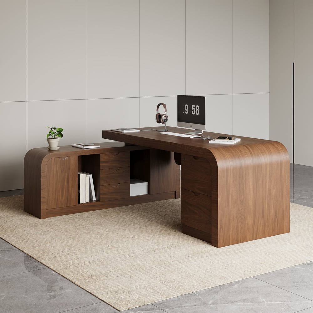 Avis Clients sur Bureau d'ordinateur moderne en forme de L en noyer Chicent avec armoire gauche (1800 mm)