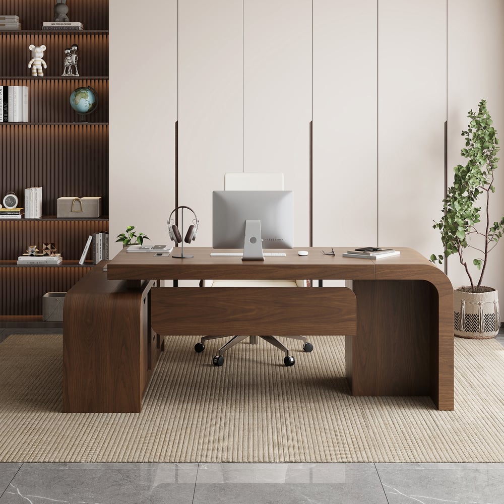 Perguntas e respostas para Mesa executiva moderna Chicent Walnut em forma de L com amplo armazenamento à direita (1800 mm)