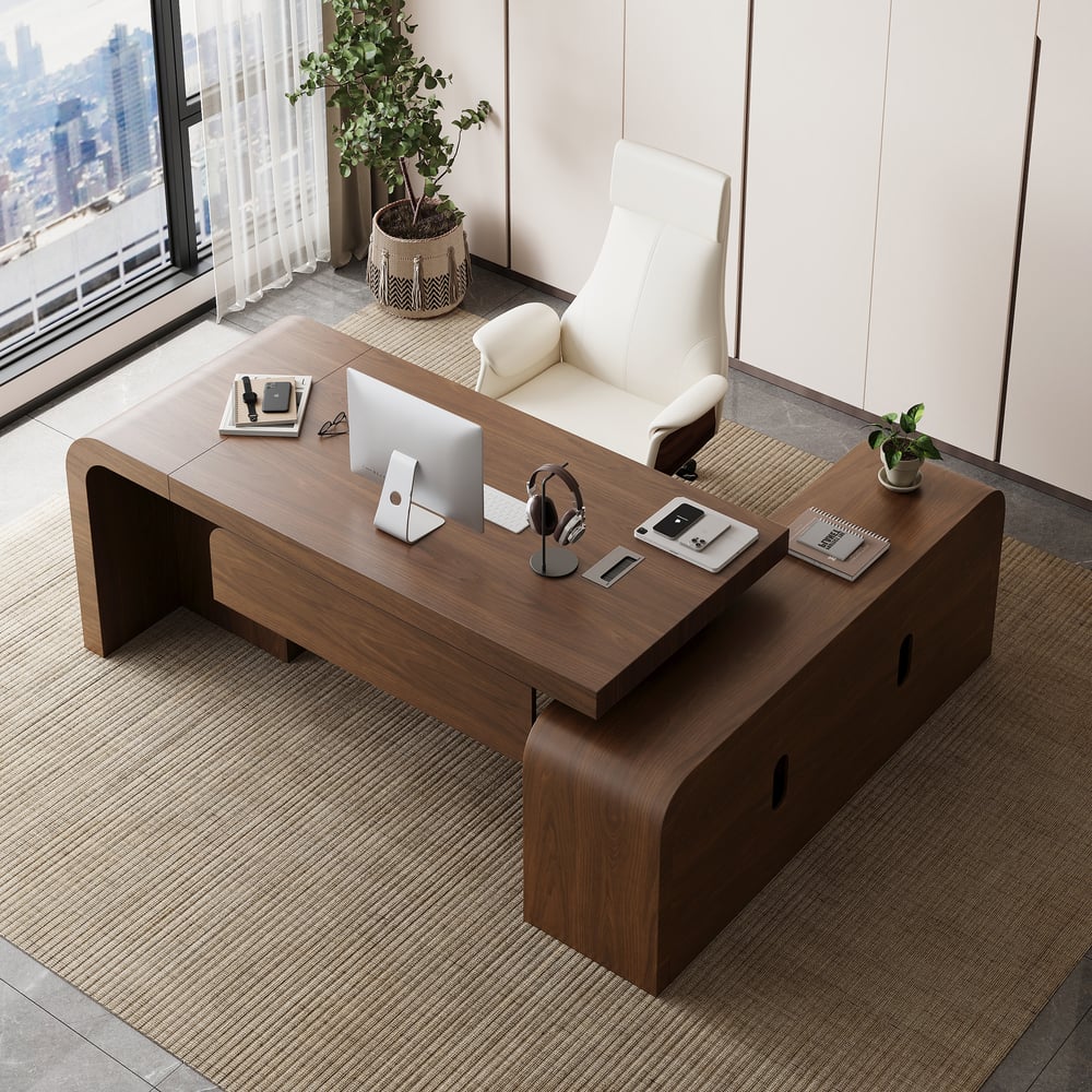 Avis Clients sur Bureau d'ordinateur moderne en forme de L en noyer Chicent avec armoire gauche (1800 mm)