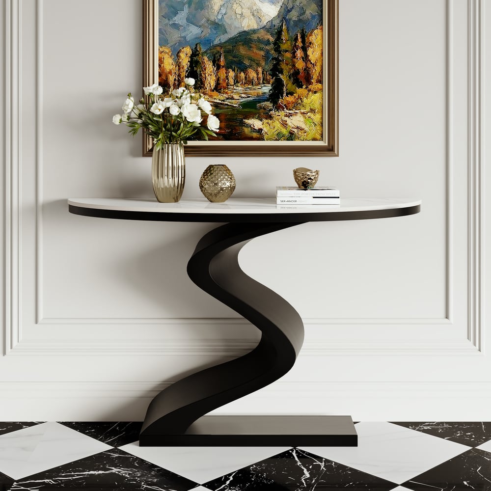 Perguntas e respostas para Mesa de console curva moderna de 1000 mm em branco e preto com tampo de pedra sinterizada em forma de meia-lua