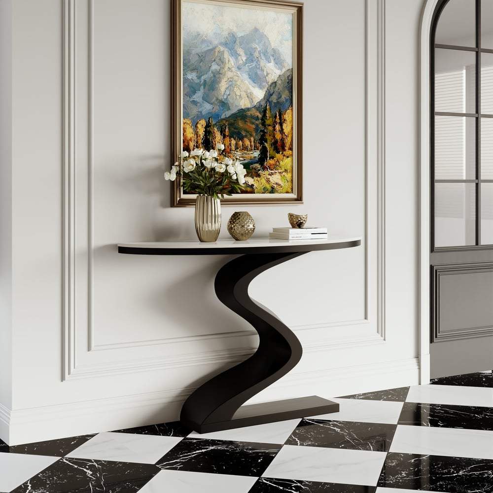 Perguntas e respostas para Mesa de console curva moderna de 1000 mm em branco e preto com tampo de pedra sinterizada em forma de meia-lua