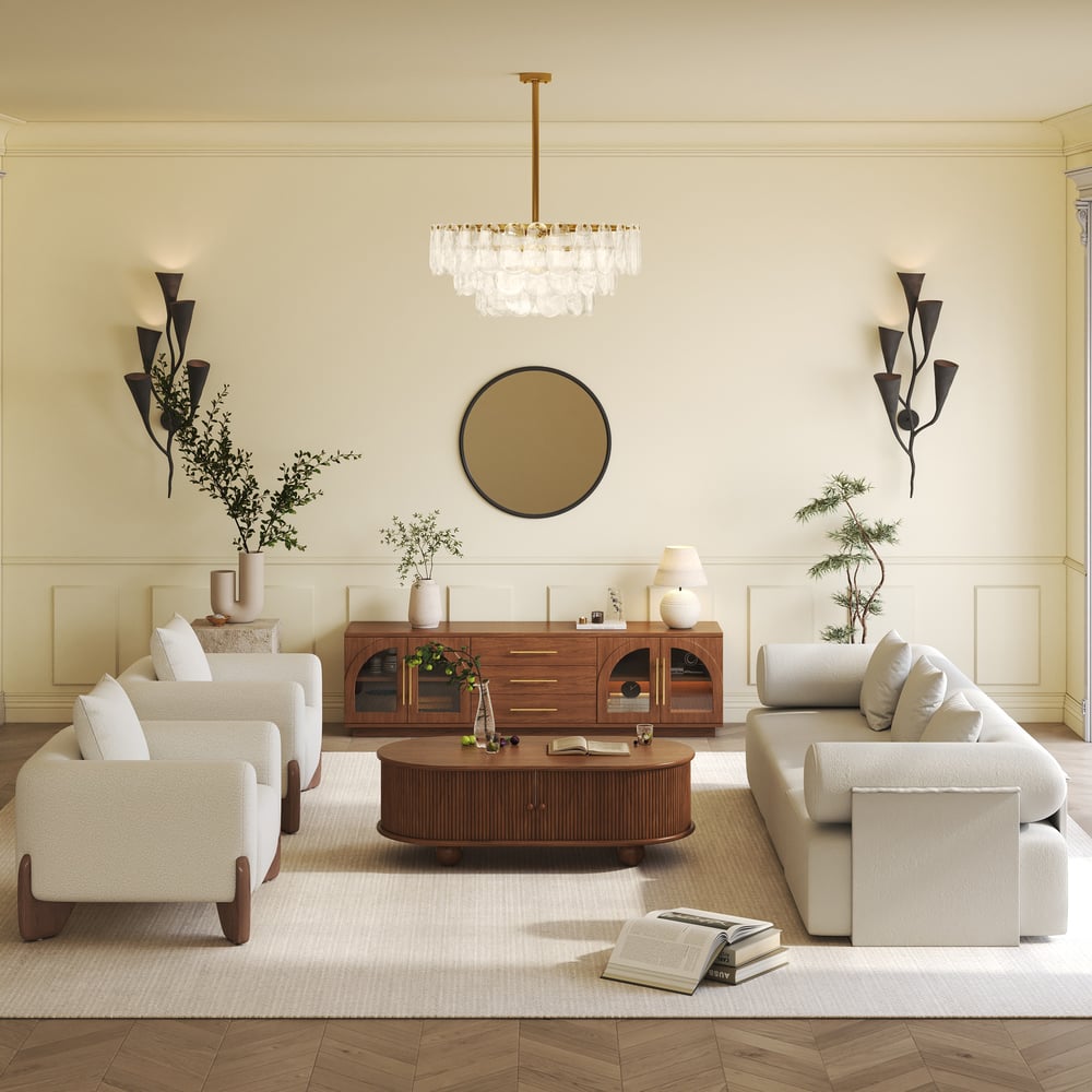 Domande e risposte per Porta TV Arune 80" con ante ad arco in vetro, in noce, con portaoggetti e LED