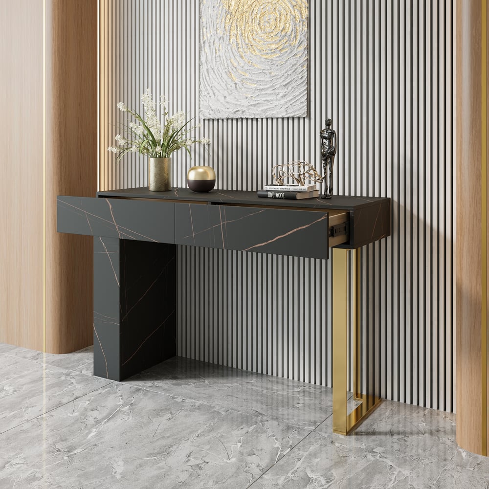 Questions and Answers for 1200mm Black Console Table Modern Rectangle Accent Table For Entryway with 2 Drawers