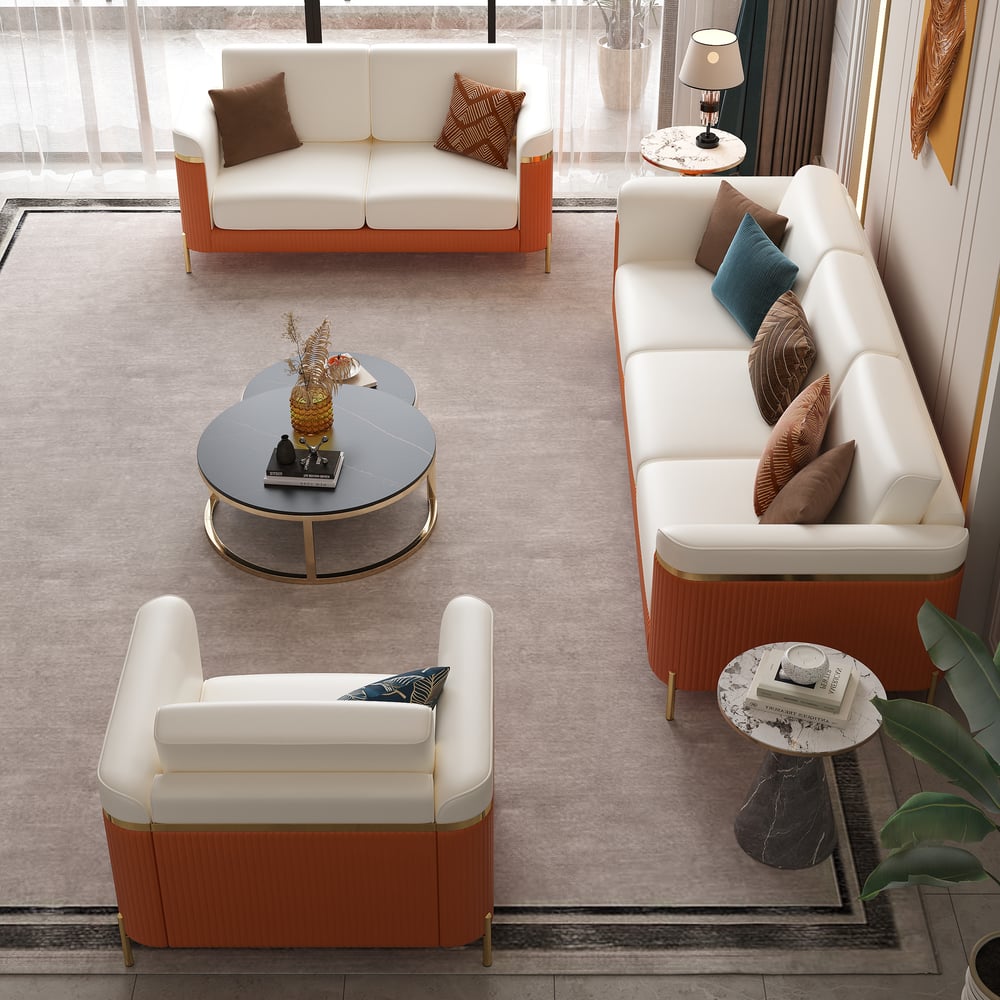 Fragen und Antworten zu Vertex Modernes 3-teiliges Wohnzimmer-Sofa-Set aus Leder