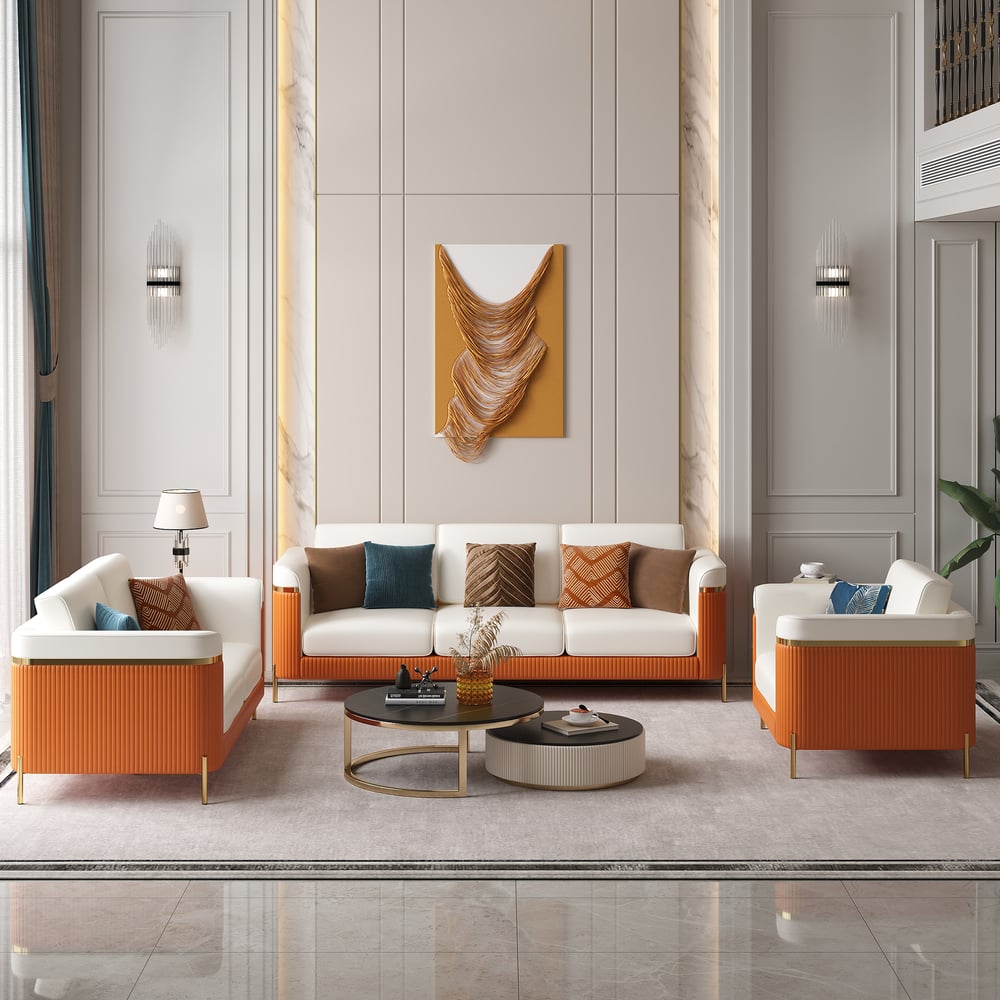 Fragen und Antworten zu Vertex Modernes 3-teiliges Wohnzimmer-Sofa-Set aus Leder