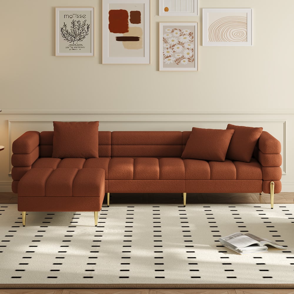 Questions et Réponses pour Canapé sectionnel Axial de 231 cm 2 pièces en tissu bouclette avec ottoman, pieds dorés et oreillers