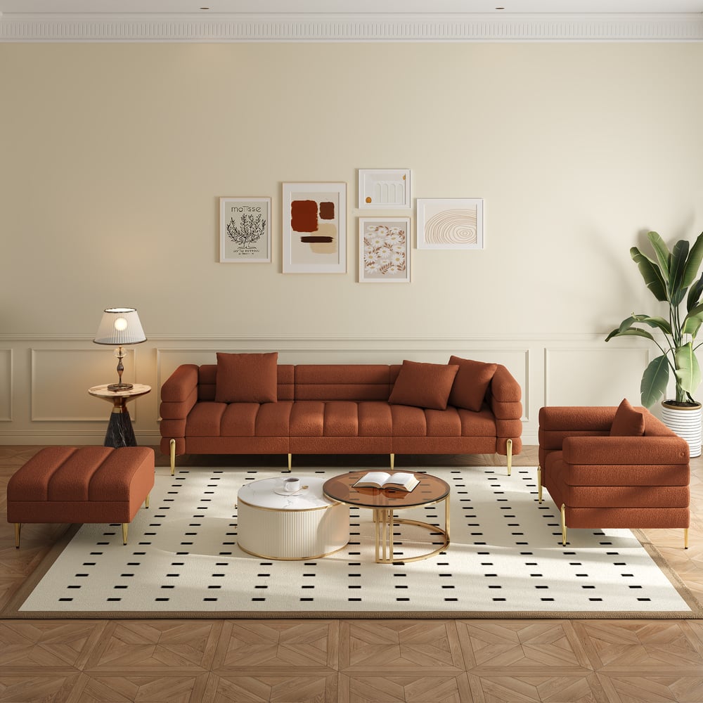 Questions et Réponses pour Canapé sectionnel Axial de 231 cm 2 pièces en tissu bouclette avec ottoman, pieds dorés et oreillers