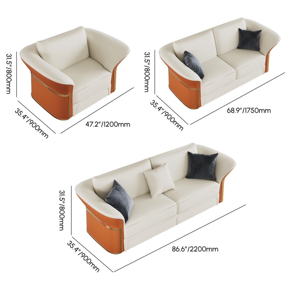 Modern Faux Leather Living Room Sofa Set in White & Orange Set of 3 weights dimensions image