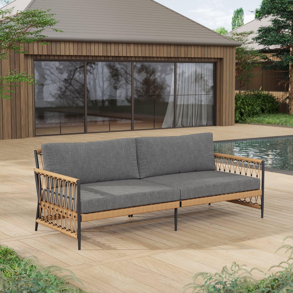 Questions and Answers for Ropipe Woven Rope Outdoor Sofa 3-Seater Sofa with Dark Gray Polyester Pillow Cushion