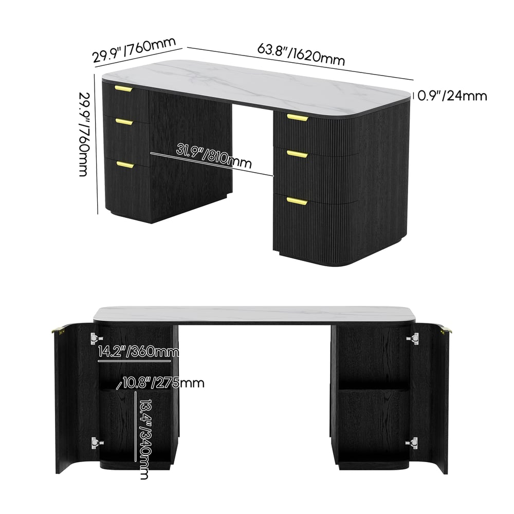 Modern Black Wood & Glossy White Sintered Stone Rectangle Desk with 6 Drawers (63.8") weights dimensions image