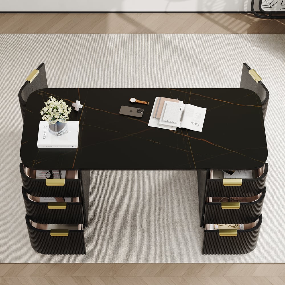 Avaliações de clientes sobre Mesa retangular moderna de madeira preta e pedra sinterizada preta fosca com 6 gavetas (1620 mm)