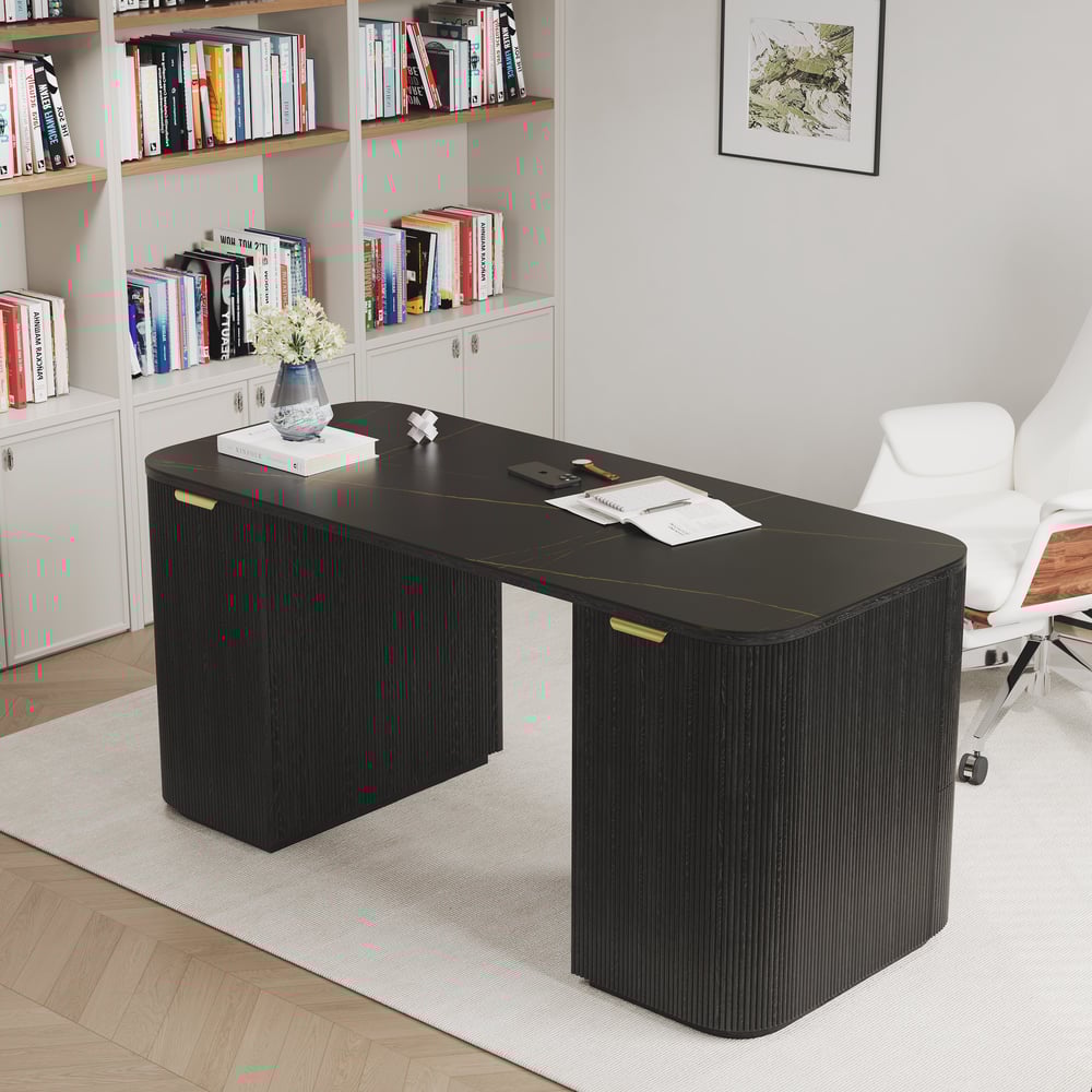 Avaliações de clientes sobre Mesa retangular moderna de madeira preta e pedra sinterizada preta fosca com 6 gavetas (1620 mm)