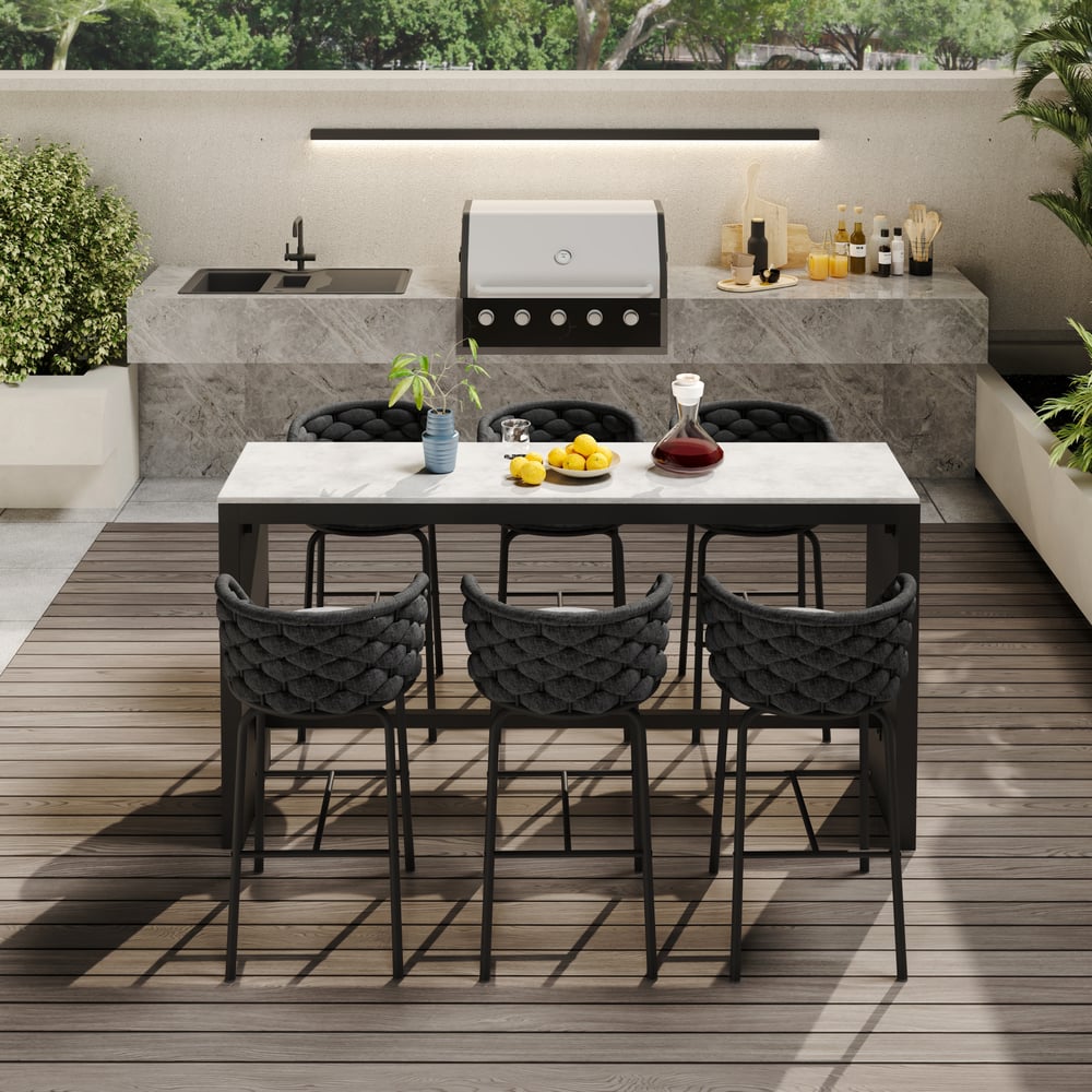 Pytania i odpowiedzi dla 7-częściowy zestaw stołu do jadalni ze spiekanym kamieniem prostokątnym 1800 mm na patio zewnętrzne