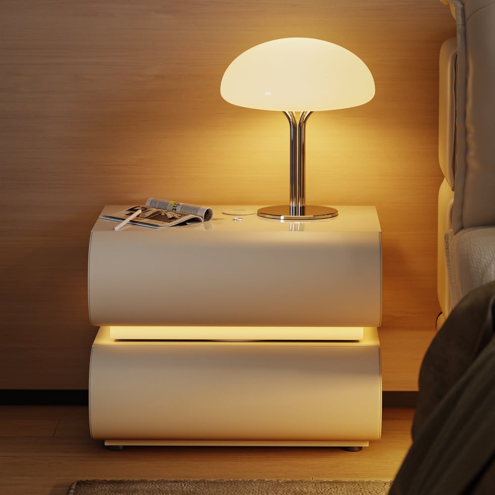 Domande e risposte per Intelligenter LED-Nachttisch Humply aus Leder mit 2 Schubladen, 2er-Set