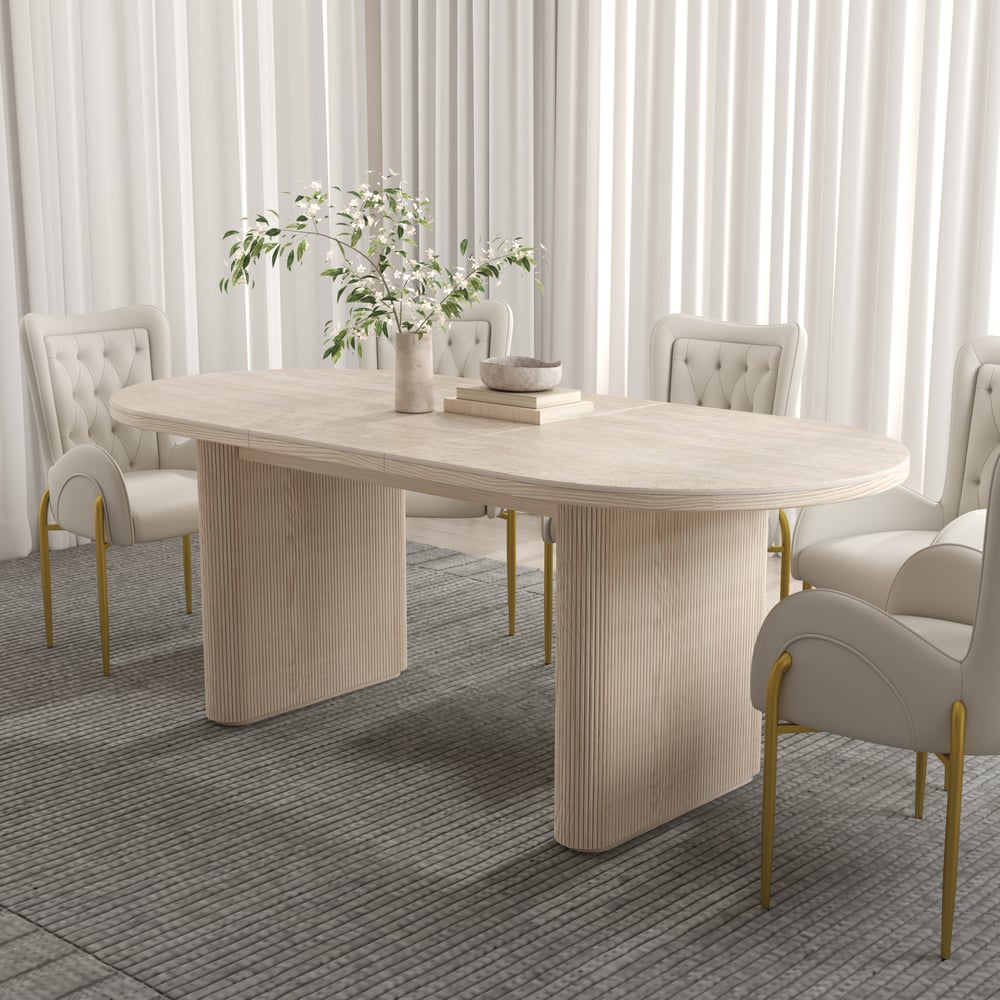 Avis Clients sur Table à manger ovale extensible moderne de 200-240 cm en pierre frittée mate blanchie, 6-10 places