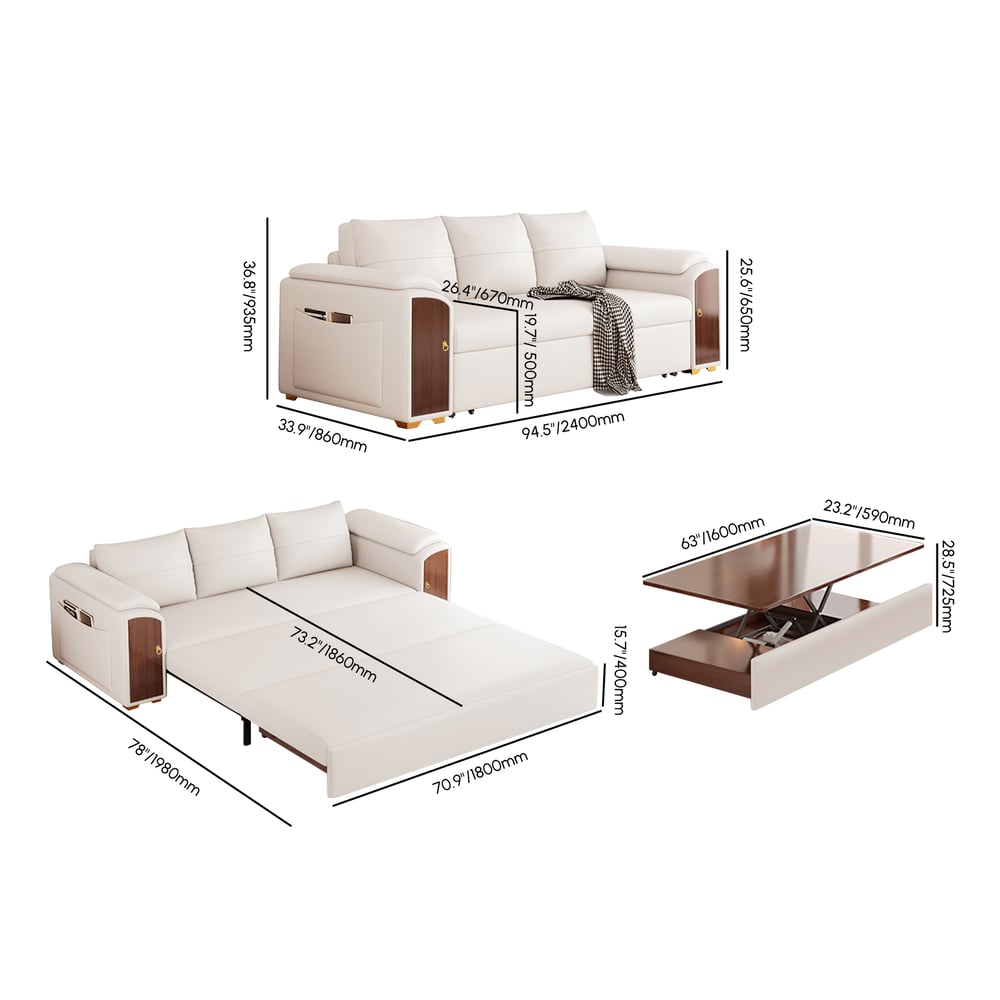 94.5" Pull Out Sofa Bed Convertible Sleeper with Lift-top Coffee Table weights dimensions image