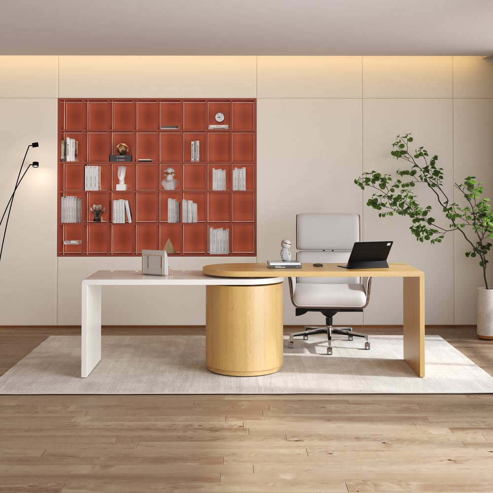 Questions and Answers for Modern Natural & White L Shaped Desk & with Off White Home Office Chair Set Upholstered