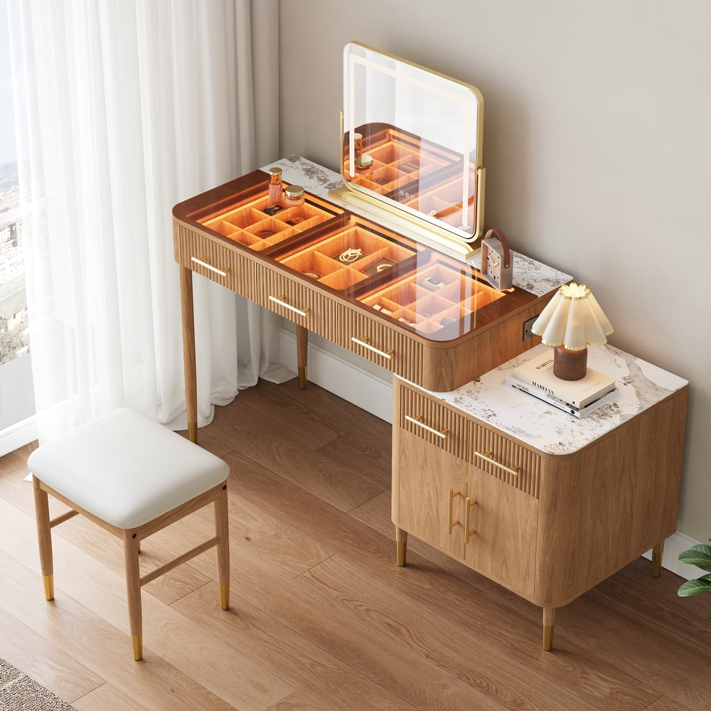 Questions et Réponses pour ensemble de table de toilette avec miroir et plateau en pierre frittée en verre naturel