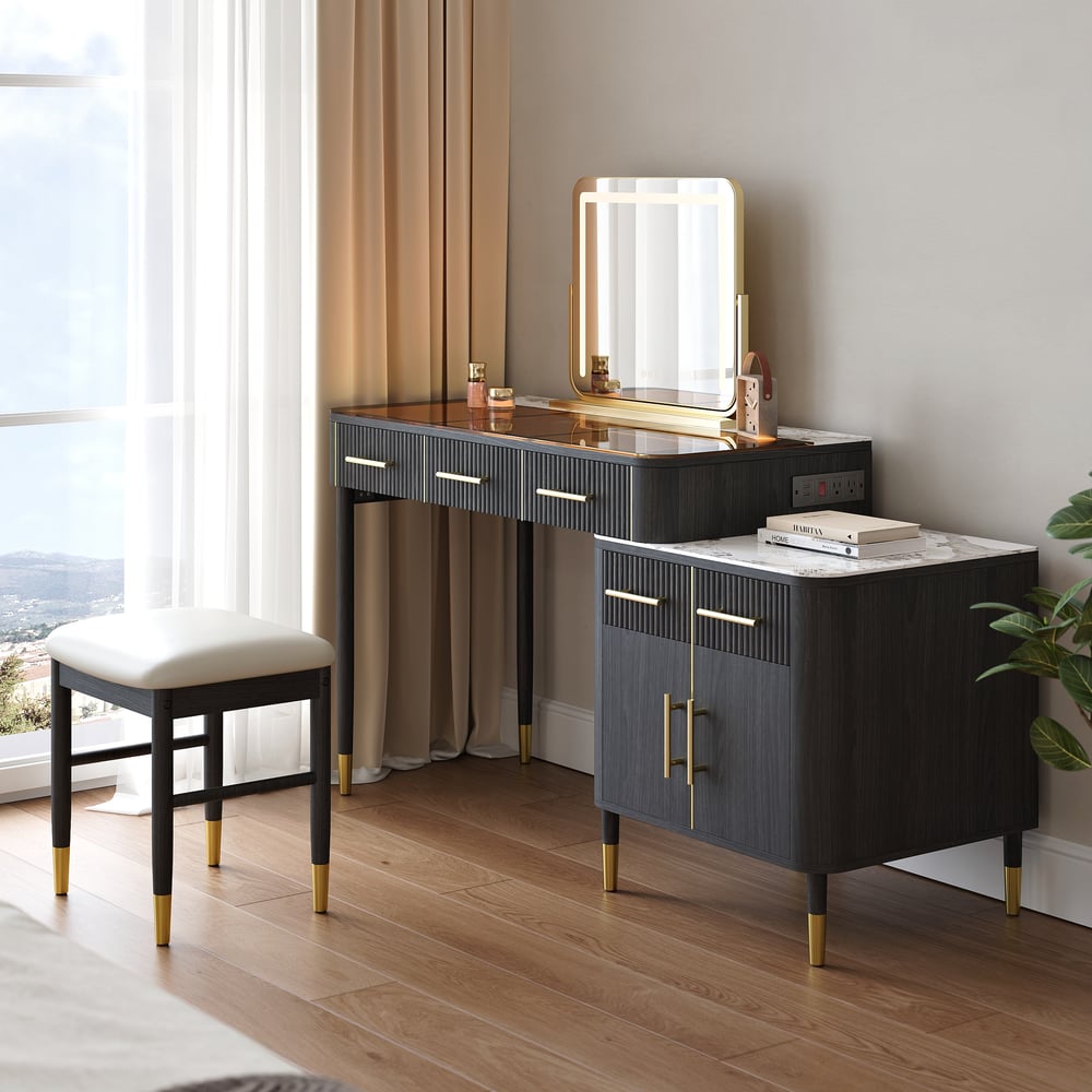 Customer Reviews for Black Glass Sintered Stone Top Makeup Vanity Set with Mirror