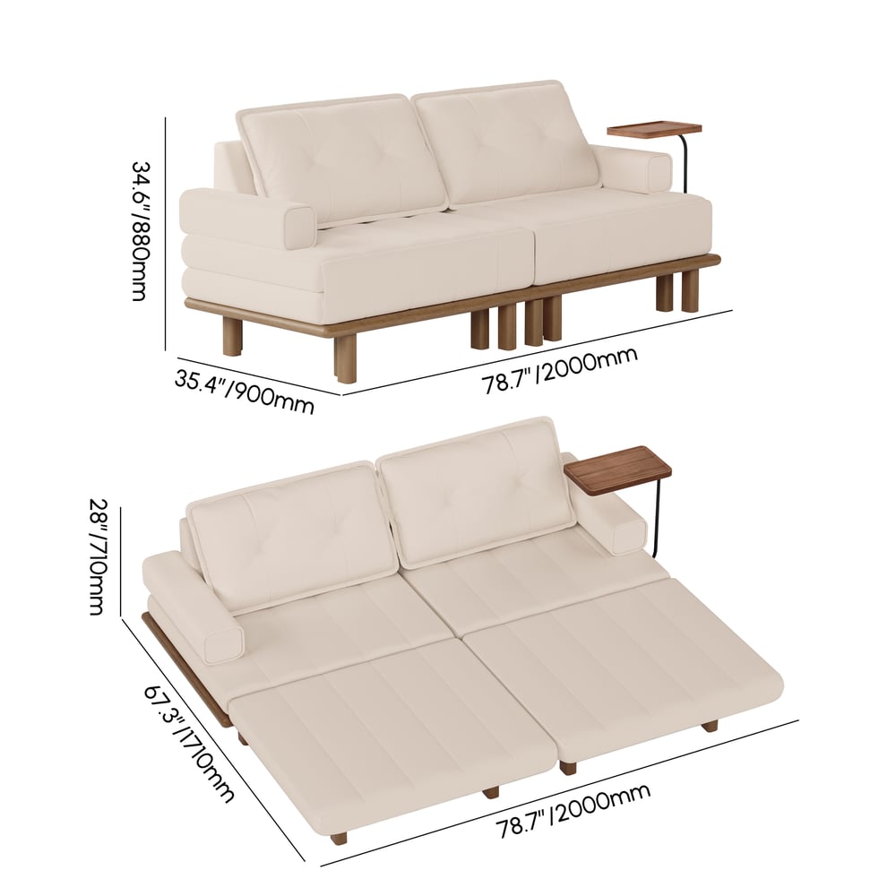 79" Queen 3-Seater Performance Leather Convertible Futon Bed with Side Table weights dimensions image