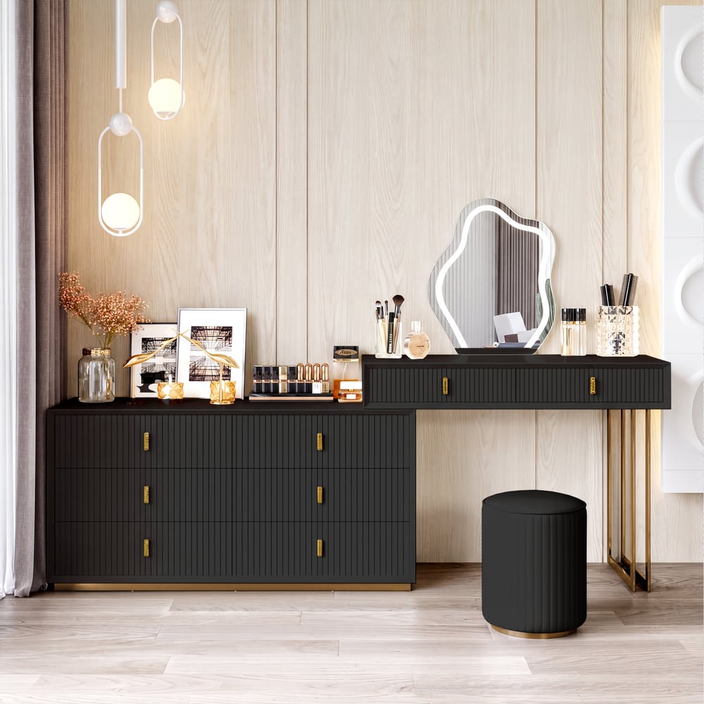 Customer Reviews for Modern Black Makeup Vanity Set with 6-Drawer Cabinet Dressing Table with Stool & Mirror