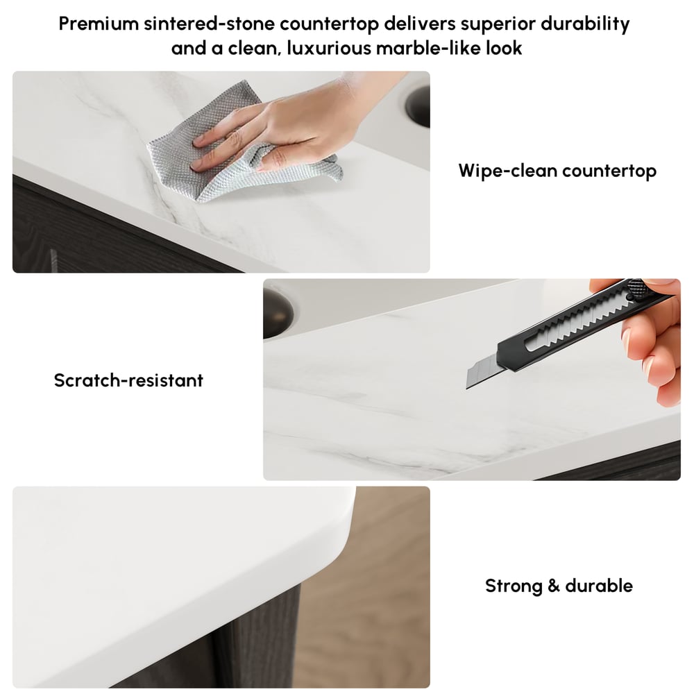 Avaliações de clientes sobre Vaidade de banheiro preta Arune de 1070 mm com portas de vidro arqueadas, gavetas e luz