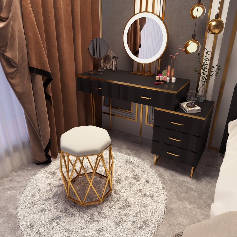 Questions et Réponses pour Coiffeuse extensible noire moderne avec 5 tiroirs et coiffeuse avec tabouret et miroir