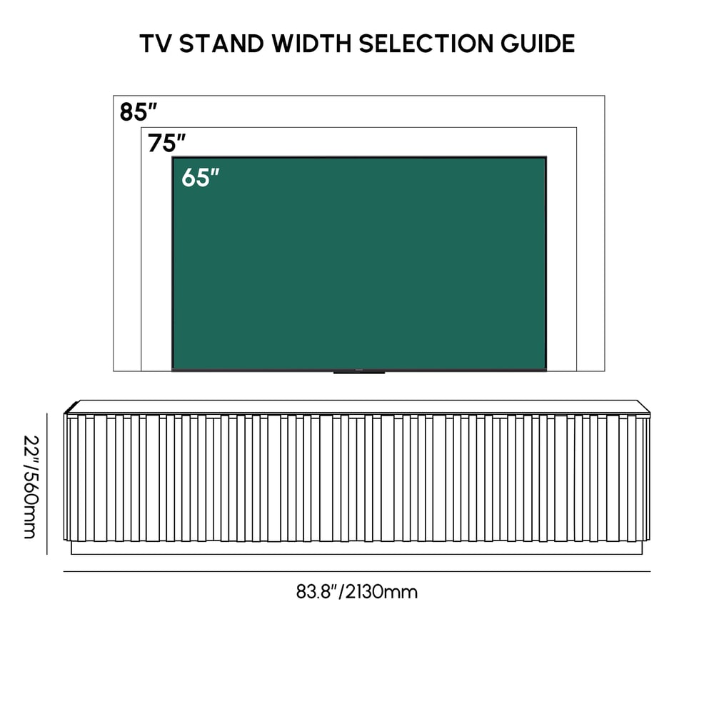 Aura 83" Ash Wood Fluted Black TV Stand with Sintered Stone Top weights dimensions image