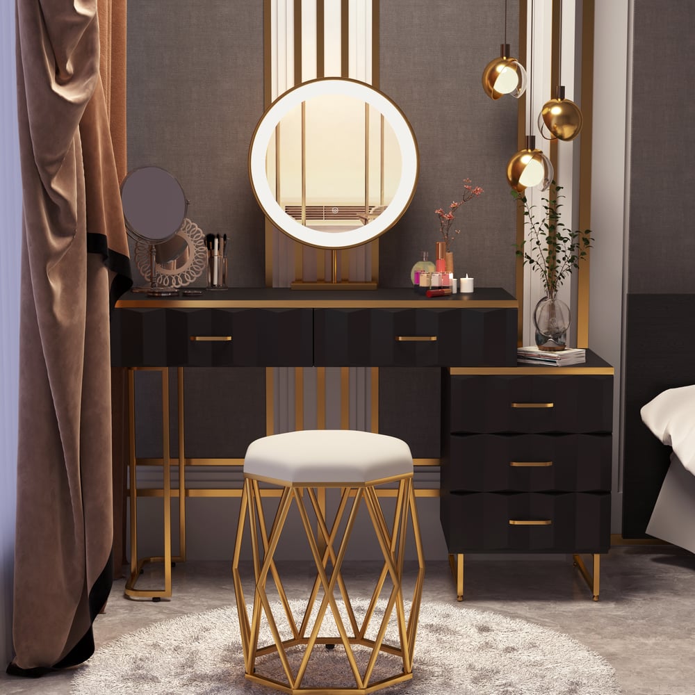 Questions et Réponses pour Coiffeuse extensible noire moderne avec 5 tiroirs et coiffeuse avec tabouret et miroir