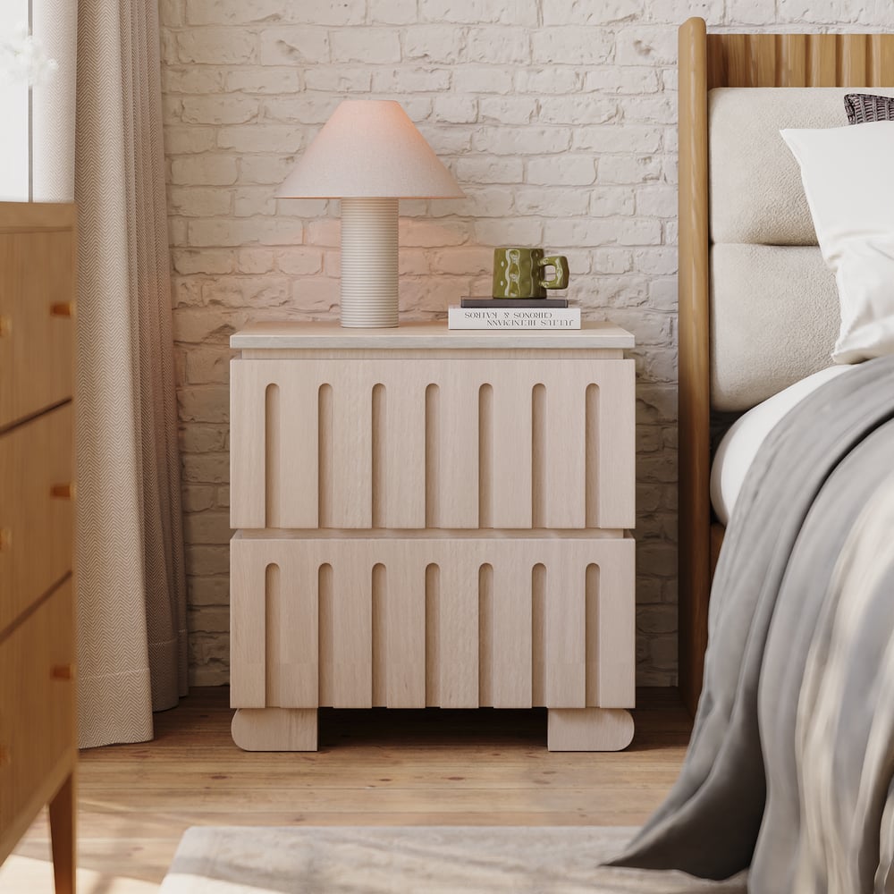 Avis Clients sur Table de chevet à 2 tiroirs en bois de frêne avec dessus en faux travertin