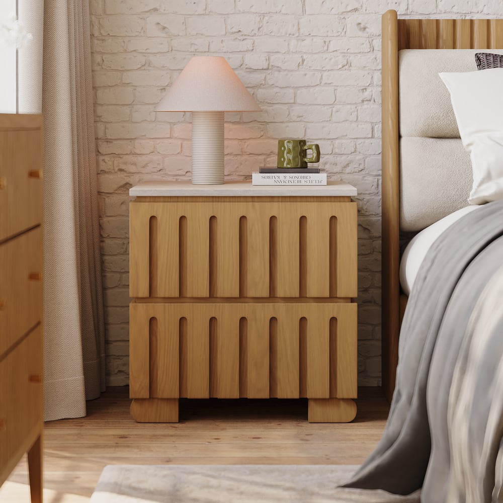 Questions and Answers for Ash Wood 2-Drawer Nightstand with Faux Travertine-Top