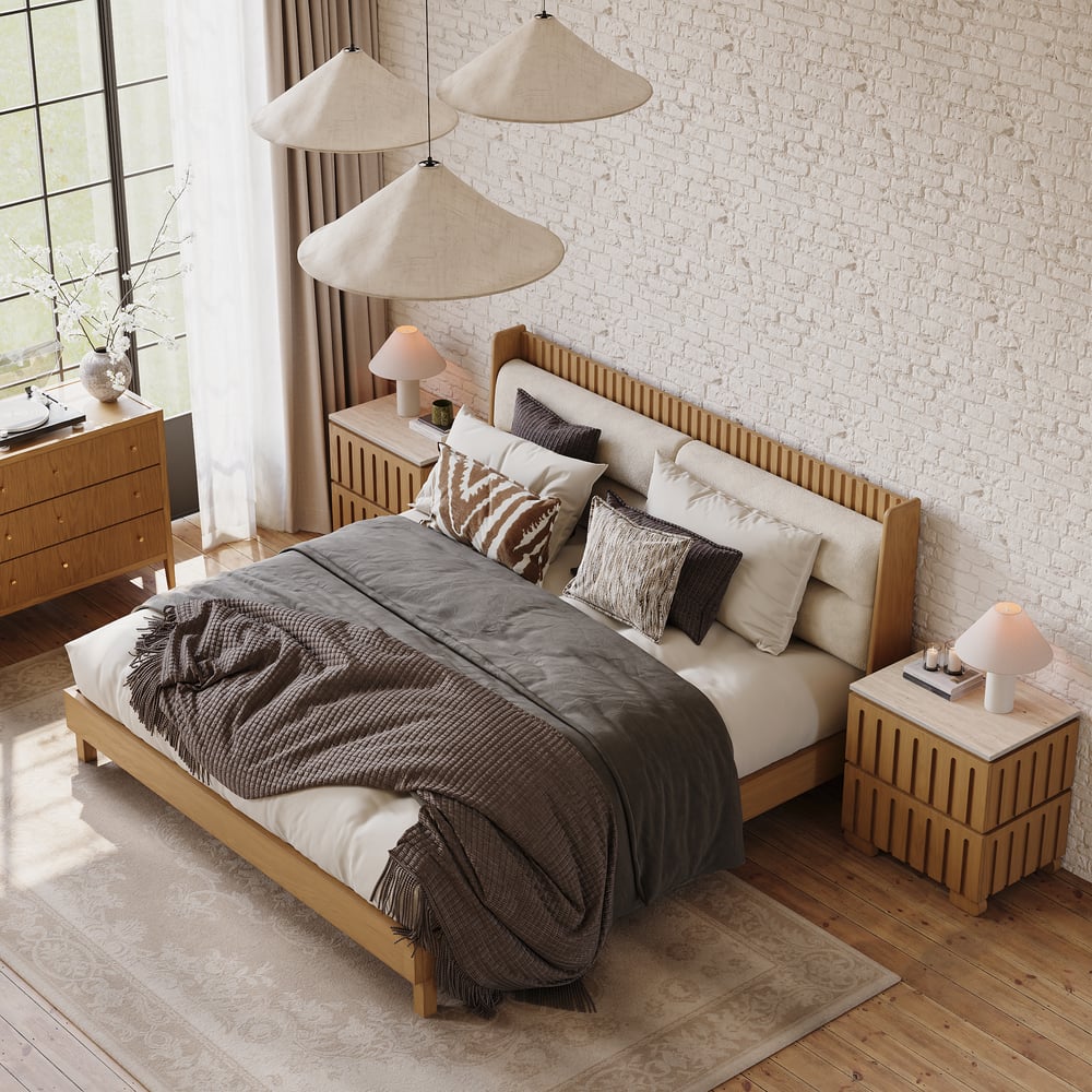 Modern Solid Wood King Upholstered Bed & 2 Drawer Ash Wood Nightstand Set Modern Solid Wood King Upholstered Bed & 2 Drawer Ash Wood Nightstand Set window image